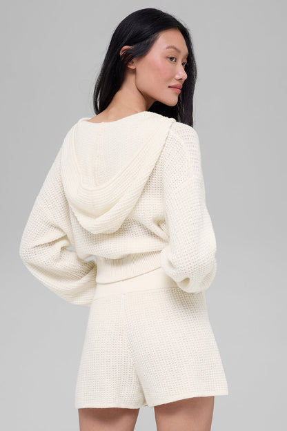 Cashmere Plush Waffle Full Zip Hoodie - Ivory